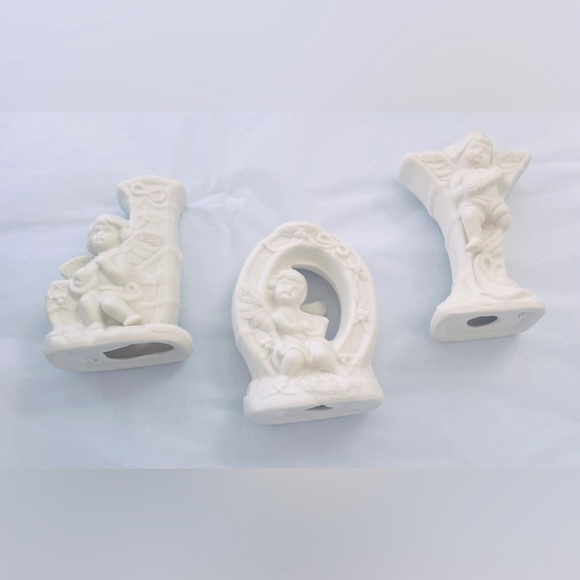 JADE COLLECTION Vintage Ceramic Christmas Angels Candle Holders JOY Ivory White - Picture 1 of 16